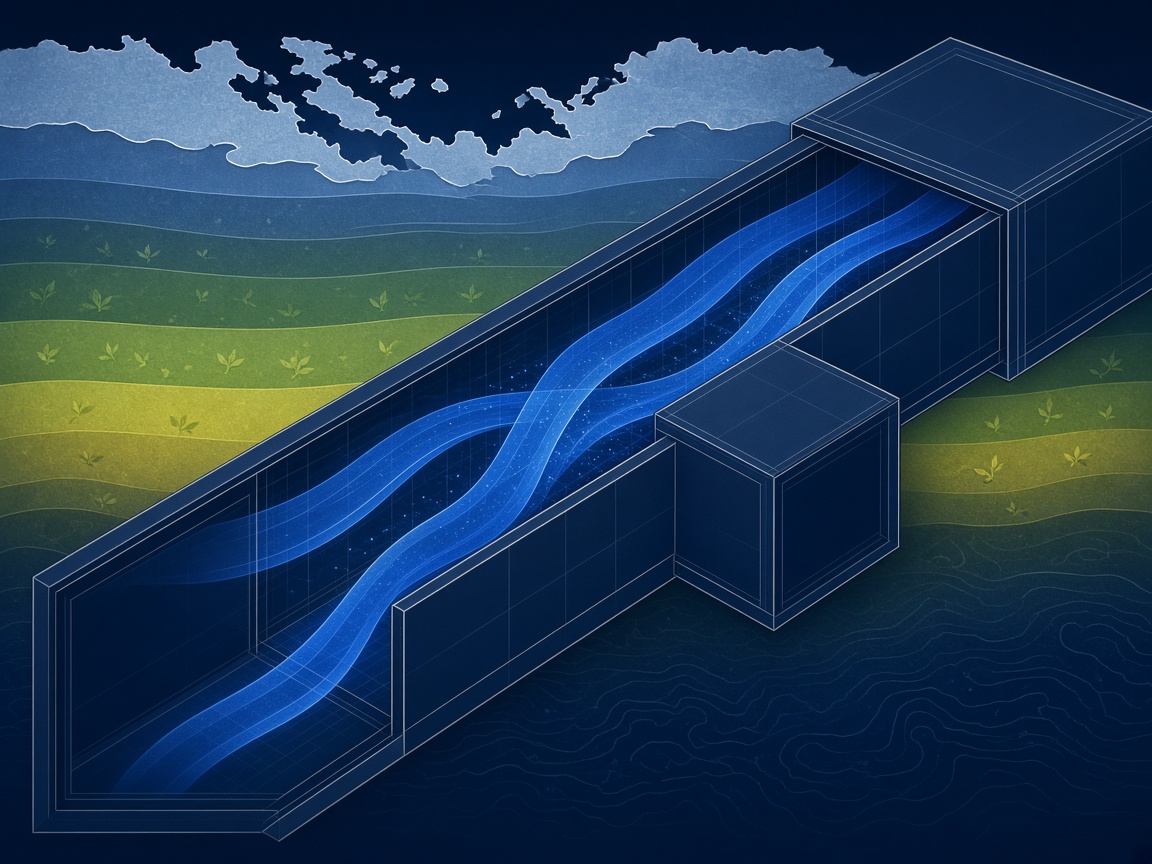 Abstract cobalt duct cross-section with airflow ribbons
